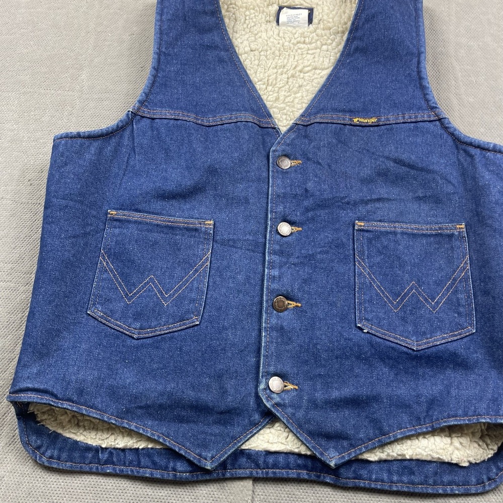 Vintage Wrangler Denim Vest‎ Mens Large Blue Sherpa Lined Button Up USA - Picture 2 of 11